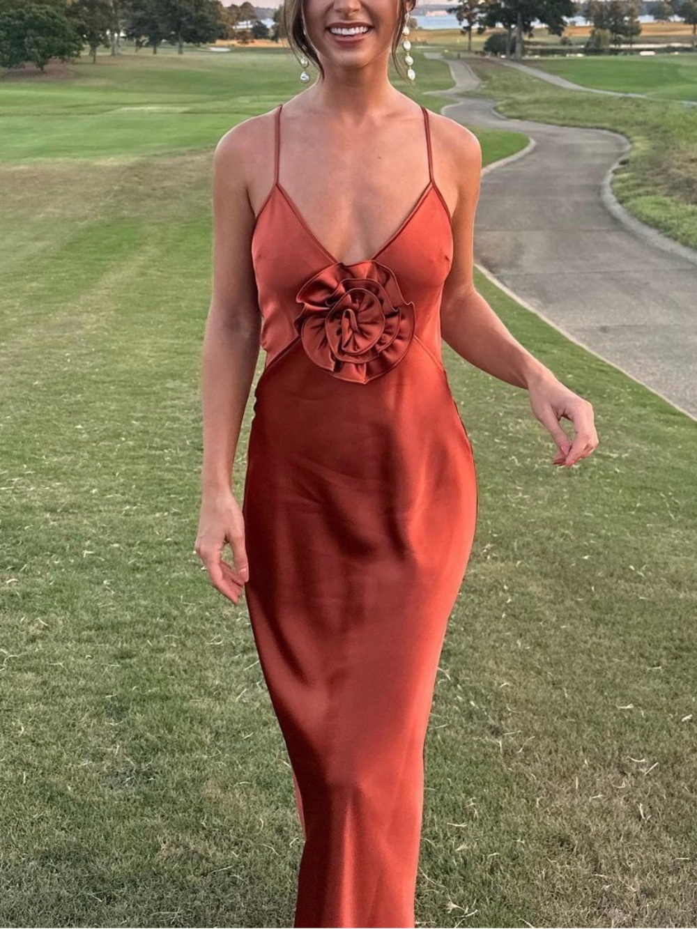 Gianni Bini Rust Satin Spaghetti-Strap Dress with Rosette